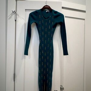 Knit teal midi dress with gold chain accents